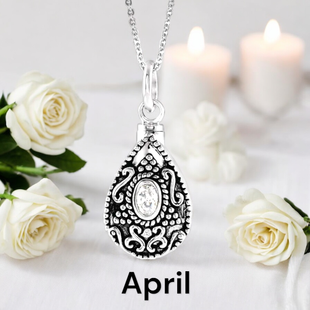 Birthstone Teardrop Cremation Ash Urn Necklace in Sterling Silver