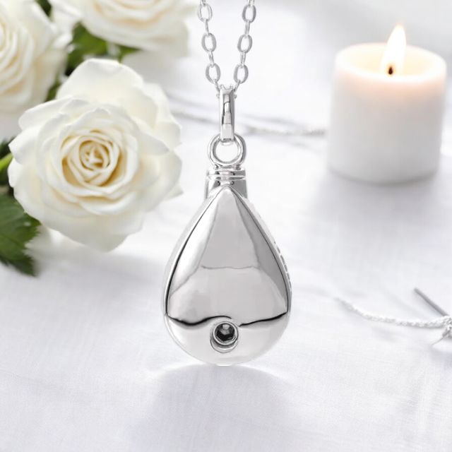 Birthstone Teardrop Cremation Ash Urn Necklace in Sterling Silver