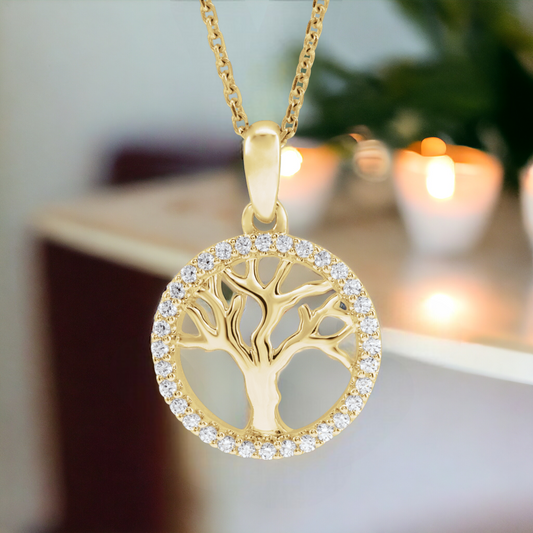 Front view of Everlasting Growth Natural Diamond Tree of Life Necklace in 14k Yellow Gold