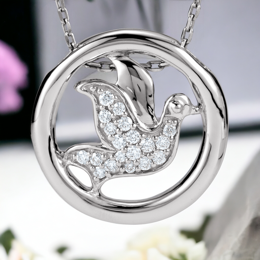 Front view of Peaceful Dove Diamond Circle Necklace in Sterling Silver featuring natural diamond-encrusted dove.