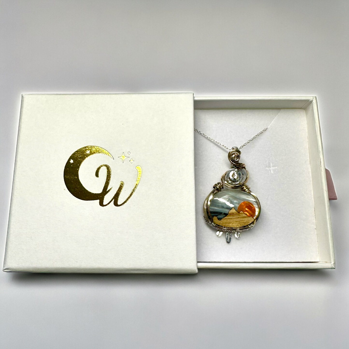 Southwestern Mountain Pendant Necklace in 14K Gold Filled & Sterling Silver in white gift box with golden logo