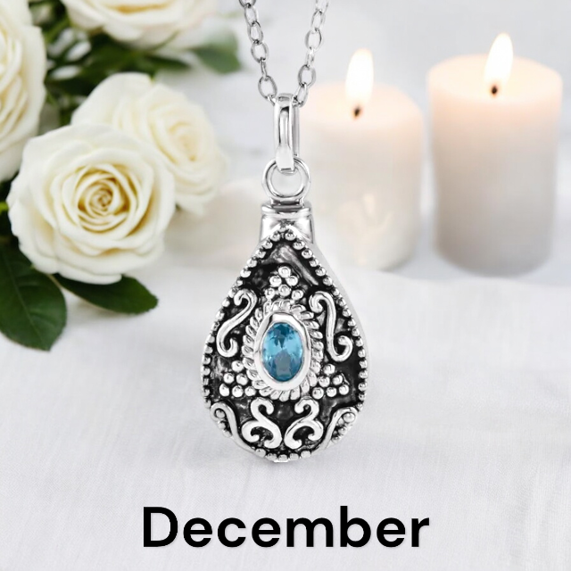 Birthstone Teardrop Cremation Ash Urn Necklace in Sterling Silver