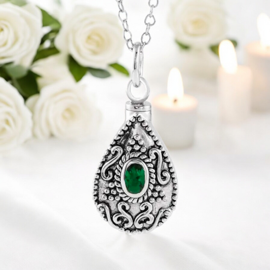 Birthstone Teardrop Cremation Ash Urn Necklace in Sterling Silver