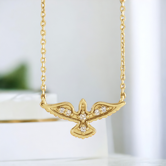 Front view of the Heavenly Peace Dove Diamond Necklace in 14k gold 