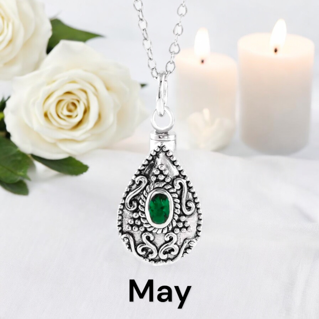 Birthstone Teardrop Cremation Ash Urn Necklace in Sterling Silver