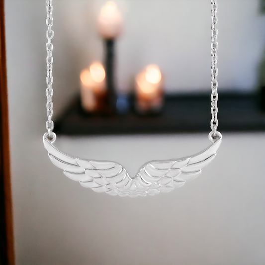 Front view of Guardian Angel Wings Necklace in Sterling Silver with detailed wings pendant.