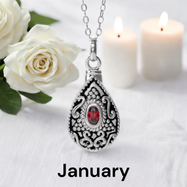 Birthstone Teardrop Cremation Ash Urn Necklace in Sterling Silver