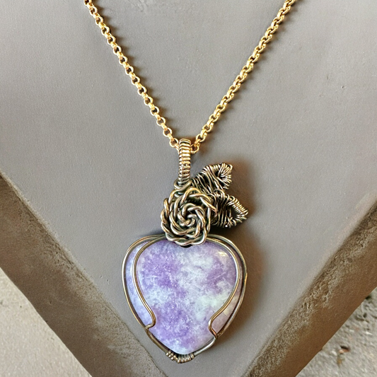 Floral Embrace Purple Larvikite Heart Necklace in Antiqued Copper