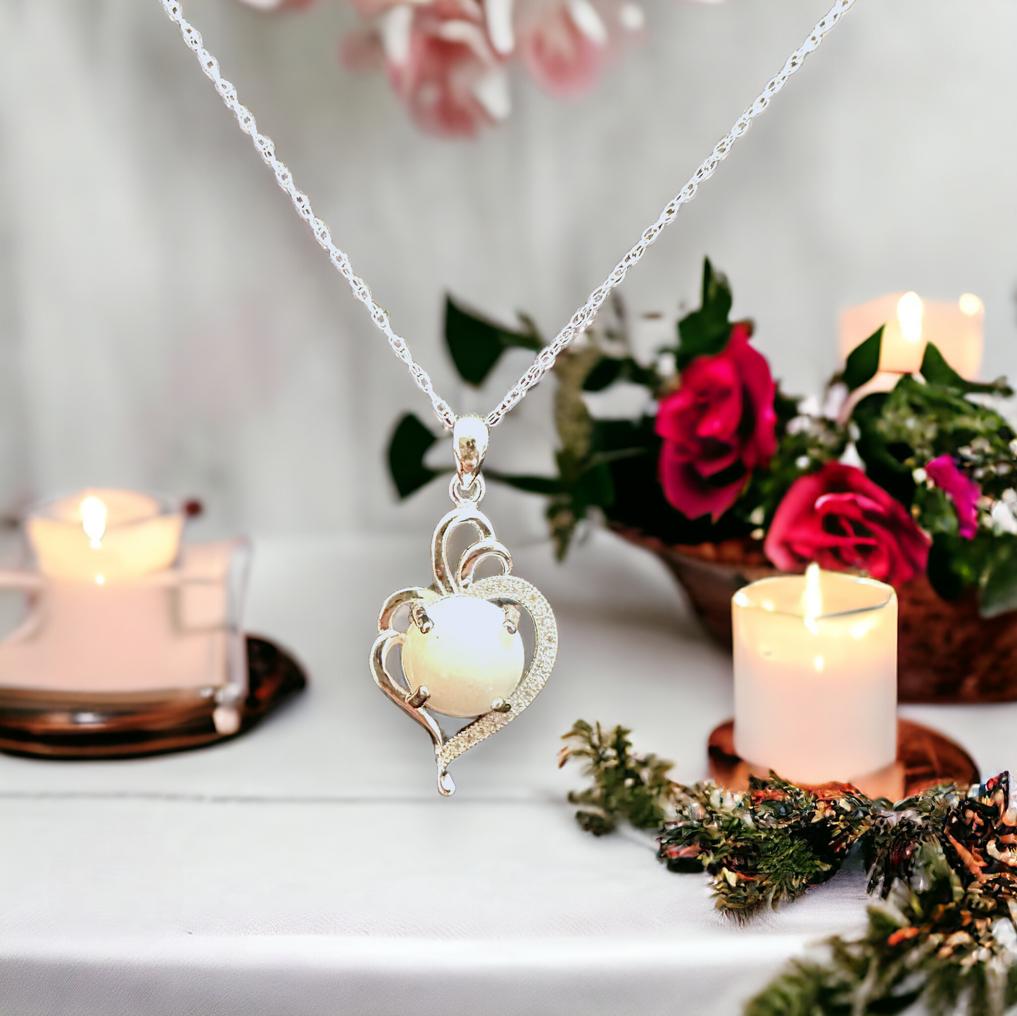 Radiant Heart sterling silver pendant closeup, featuring a round white breastmilk stone, hanging elegantly, a tribute to the nurturing connection between mother and child.