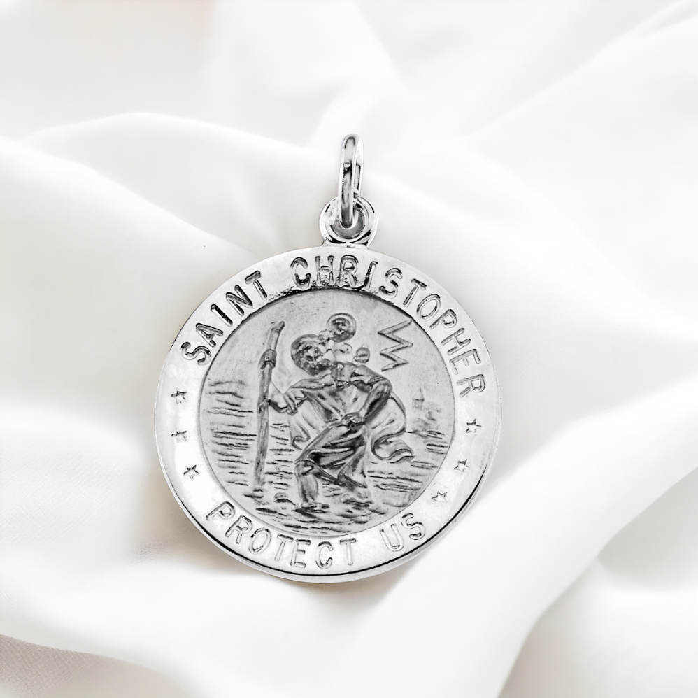 Sterling Silver St. Christopher medal pendant with detailed embossing, symbolizing guidance and protection.