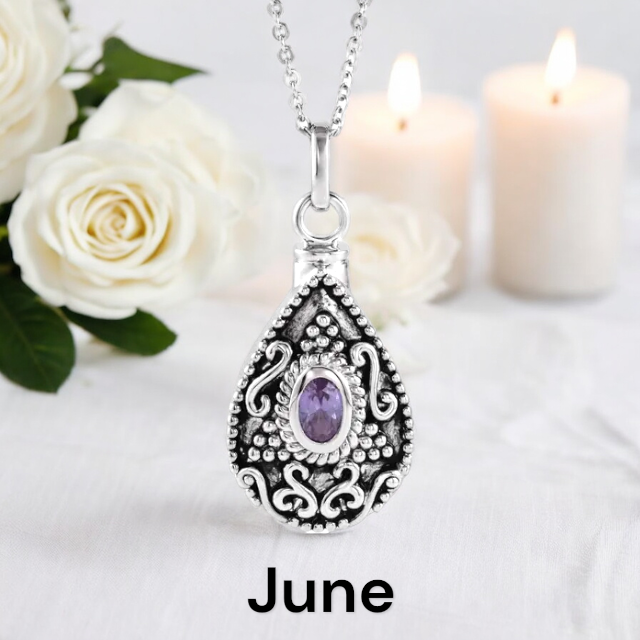 Birthstone Teardrop Cremation Ash Urn Necklace in Sterling Silver