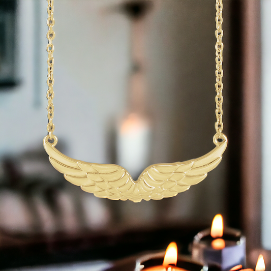 Front view of Guardian Angel Wings Necklace in 14k Yellow Gold with detailed wings pendant.