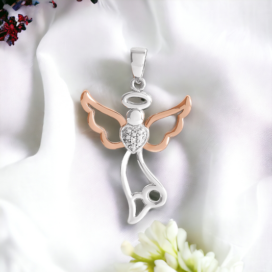 Front view of Guardian Angel Diamond Pendant in sterling silver and 14K rose gold vermeil