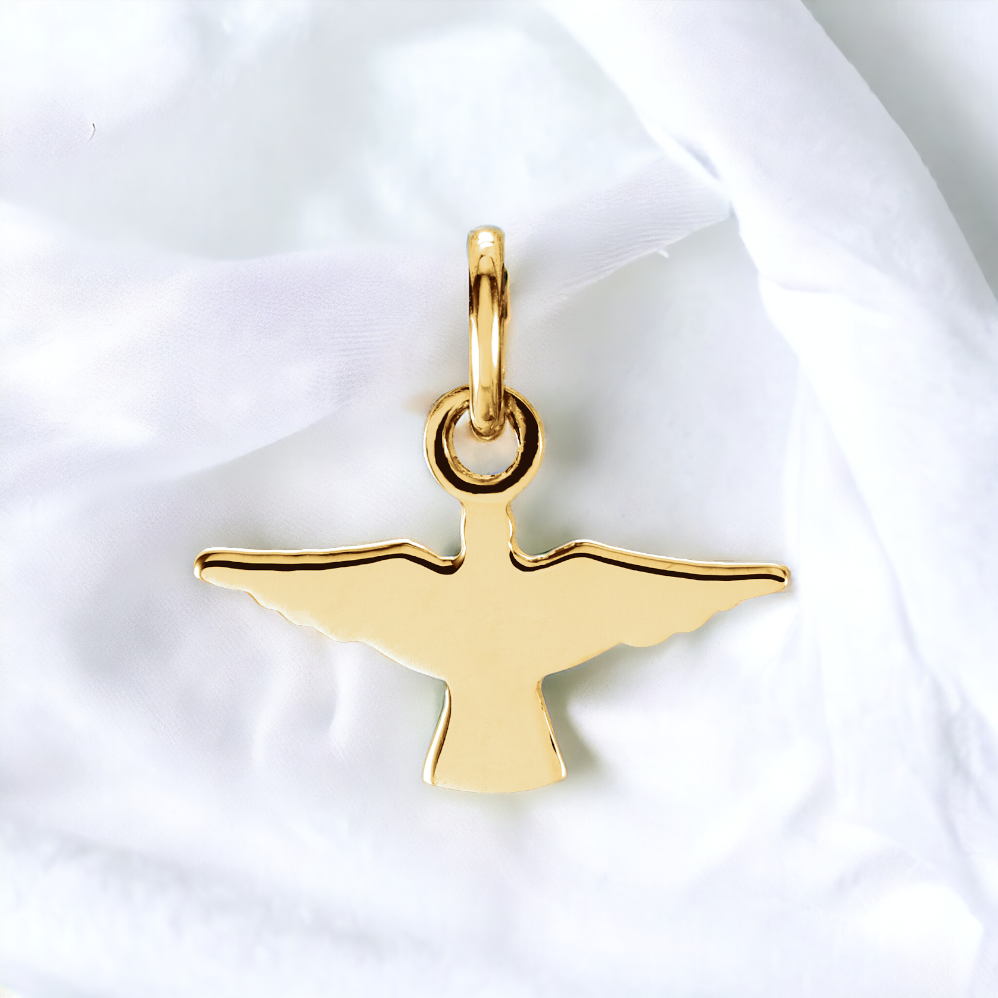 Back side of 14k yellow gold dove pendant.