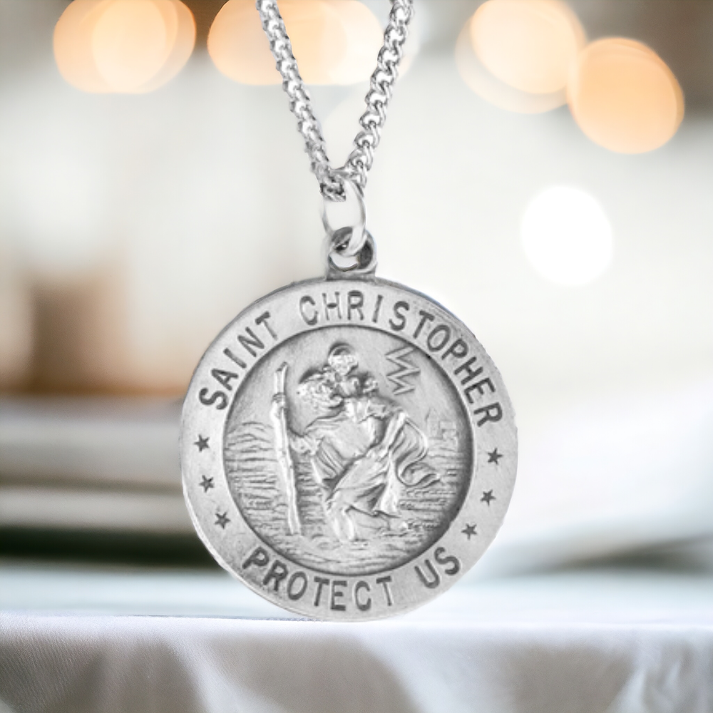 St. Christopher Medal Necklace in Sterling Silver or 14K Gold