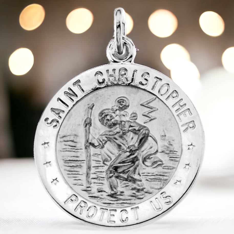 St. Christopher Medal Necklace in Sterling Silver or 14K Gold