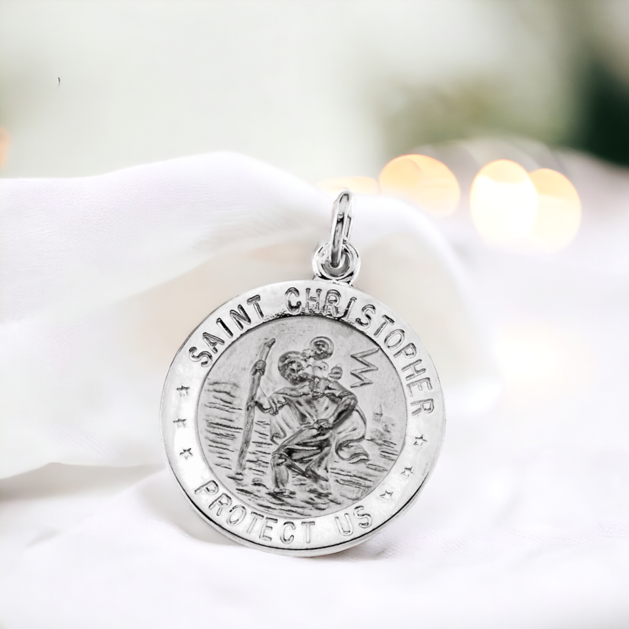 St. Christopher Medal Necklace in Sterling Silver or 14K Gold