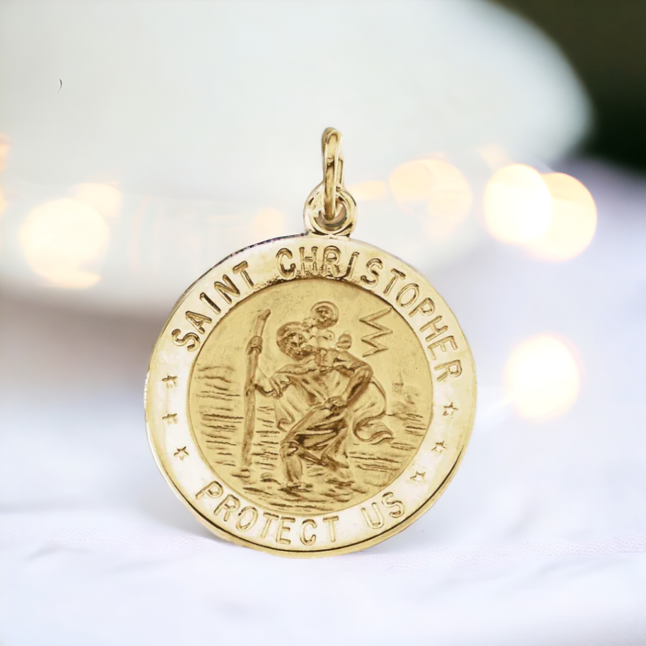 St. Christopher Medal Necklace in Sterling Silver or 14K Gold