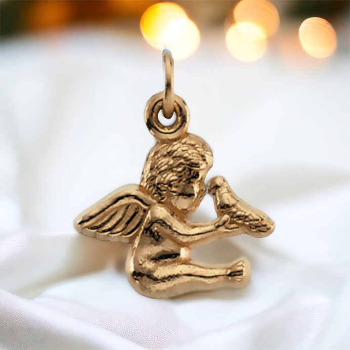 14K yellow gold pendant showcasing a detailed cherub holding a dove, symbolizing peace and spiritual protection.