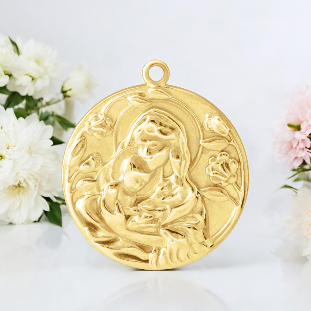 Front view of Heavenly Embrace Madonna and Child Pendant in 14k Gold.