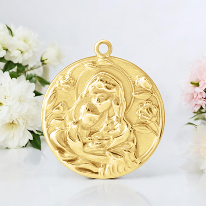 Front view of Heavenly Embrace Madonna and Child Pendant in 14k Gold.