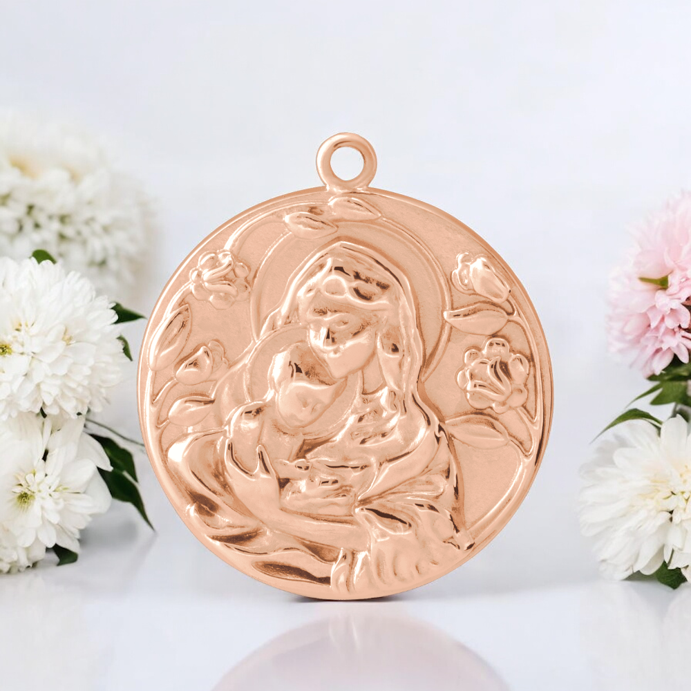 Front view of Heavenly Embrace Madonna and Child Pendant in 14k Rose Gold.