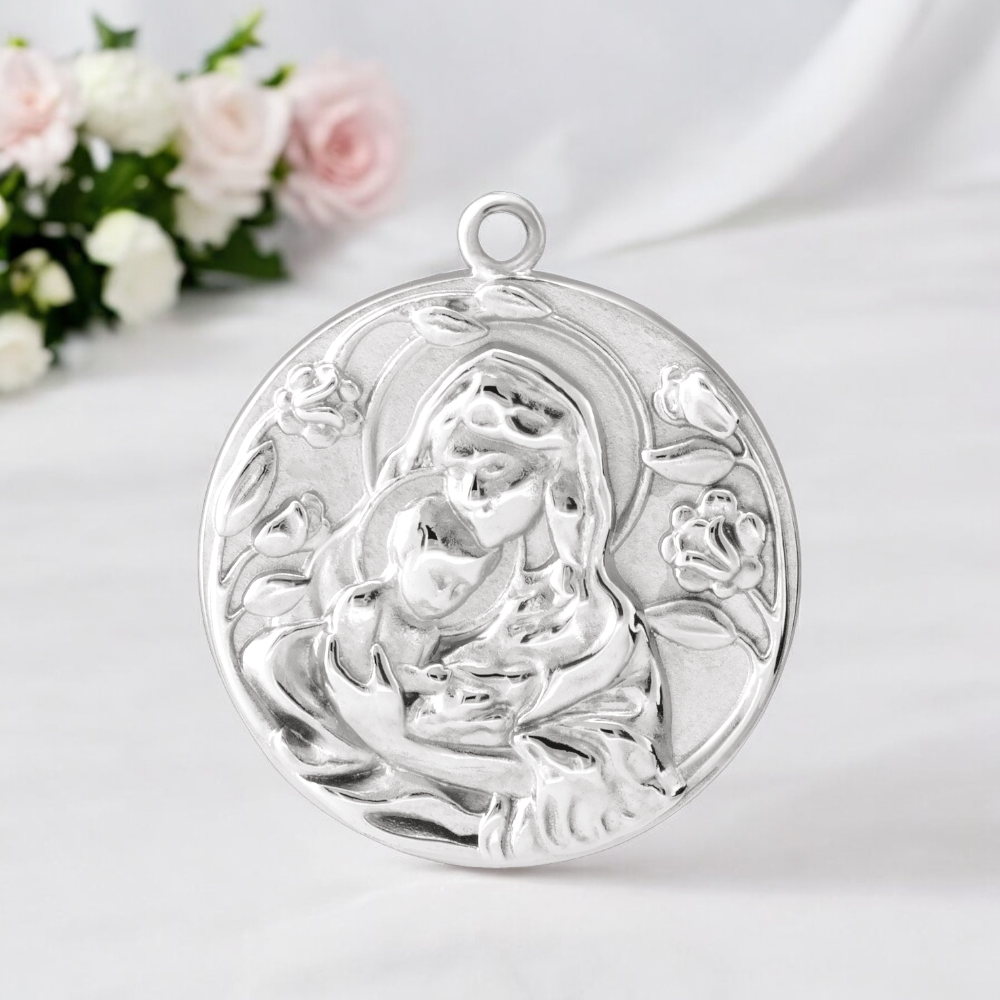 Side view of Heavenly Embrace Madonna and Child Pendant in Sterling Silver.