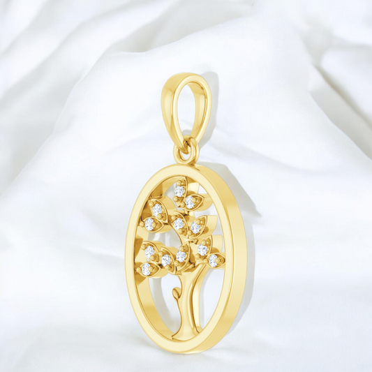 Angle view of Guardian of Growth Diamond Tree of Life Pendant in 14k Gold showing the diamond details.