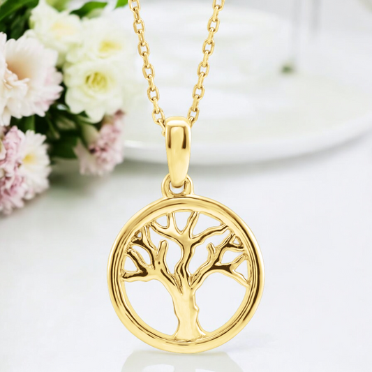 Front view of Radiant Tree of Life Necklace in 14k Yellow Gold