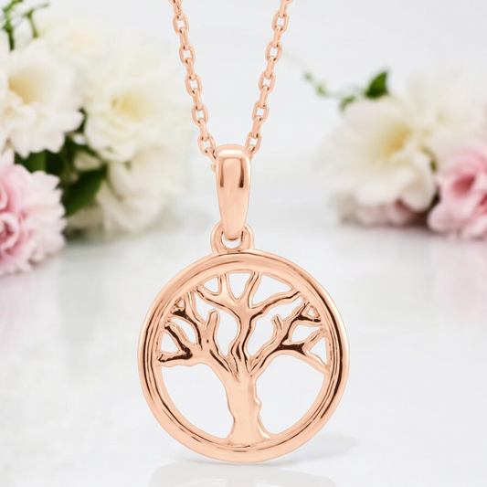 Front view of Radiant Tree of Life Necklace in 14k Rose Gold