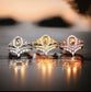 Heavenly Wishes: Wishbone Cremation Ring Setting examples in 14K White Gold, Rose Gold and Yellow Gold.