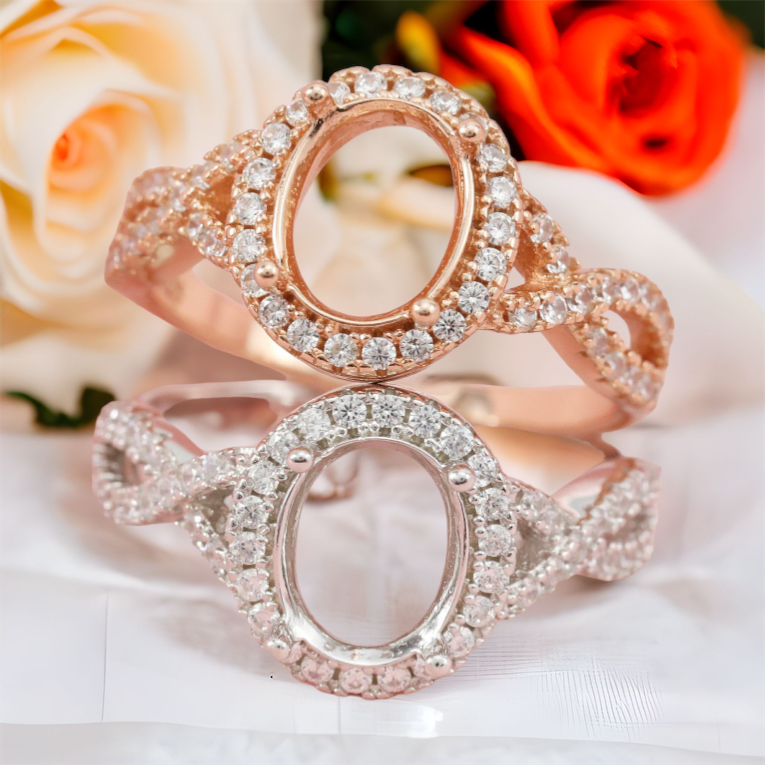 Infinite Devotion Infinity Inspired Halo Cremation Ring setting choices in 14K Rose Gold and white gold.