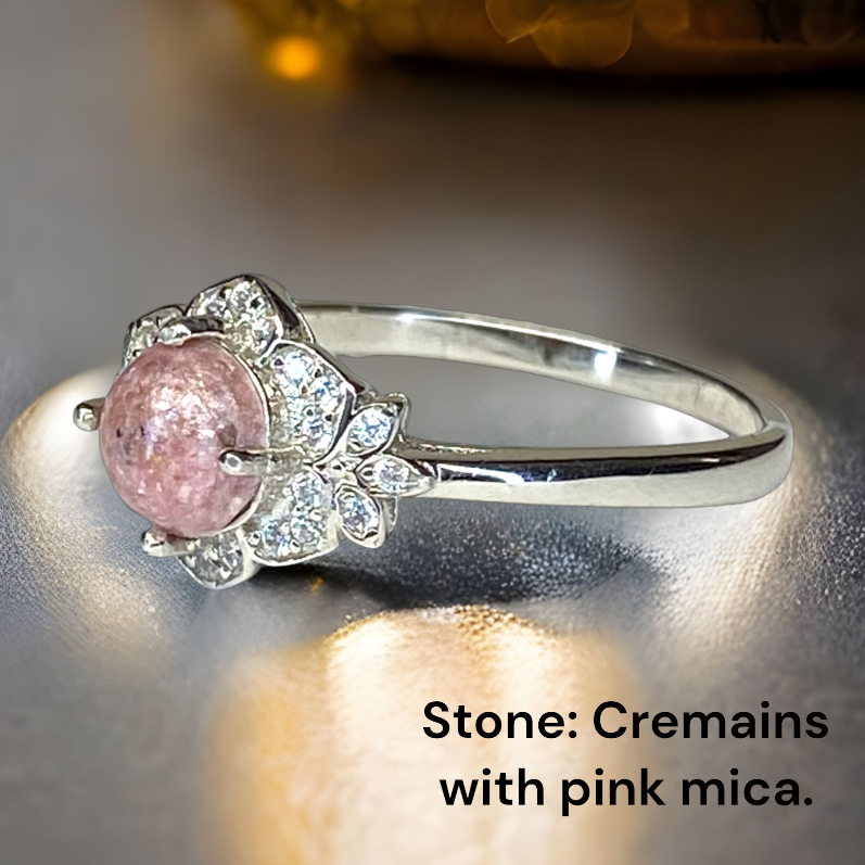 Memories bloom floral cremation ring pink ash stone in sterling silver.