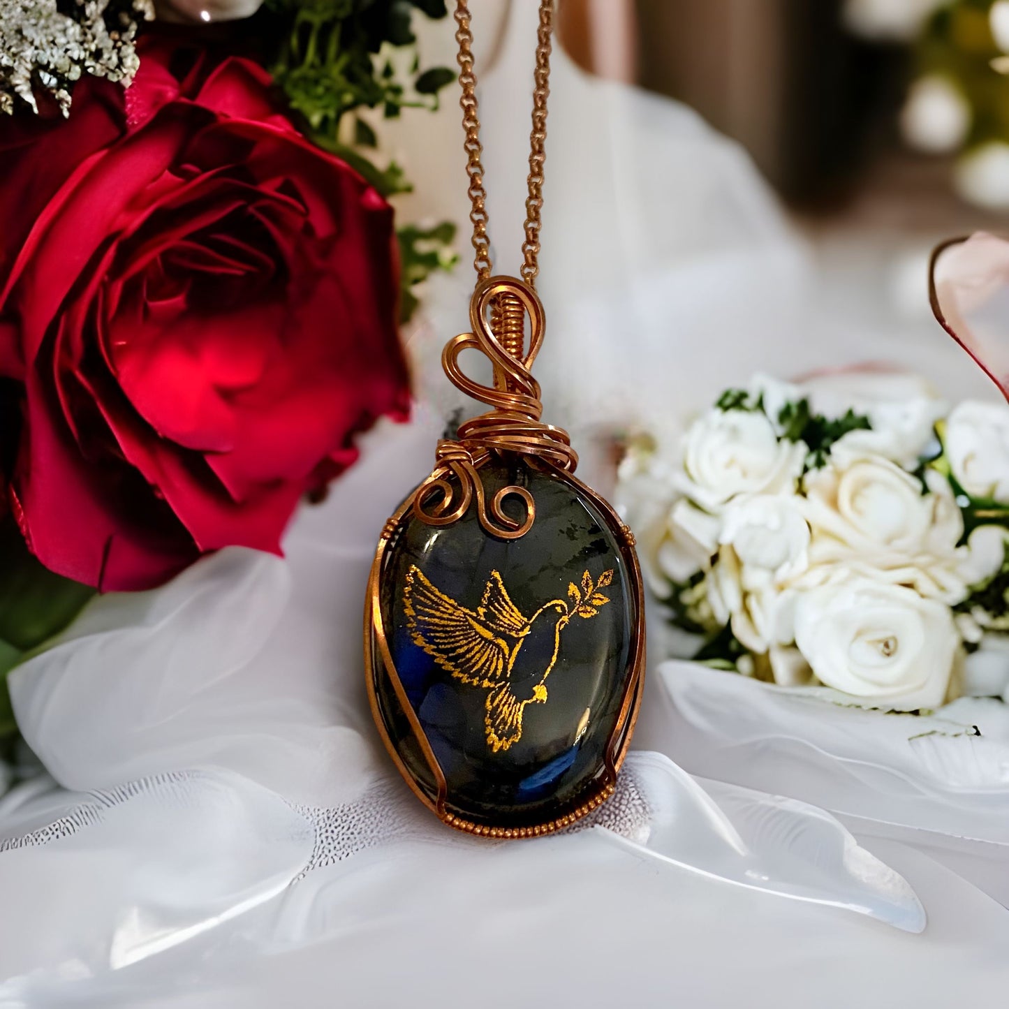 The Forever necklace captured from a different angle, highlighting its intricate design not flashing the blue color on the Labradorite gemstone.