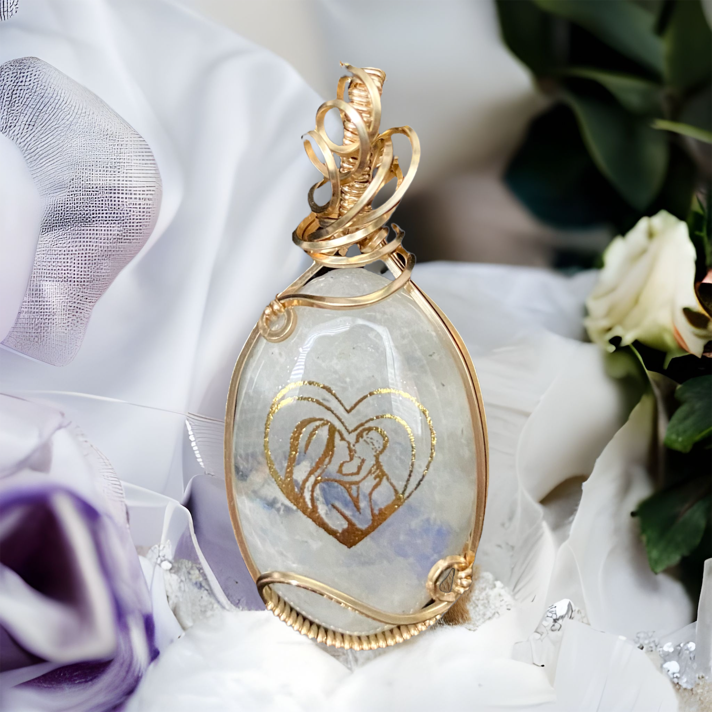 Necklace front image featuring a mother kissing her child inside a heart, hanging from a 14K Gold Filled chain.